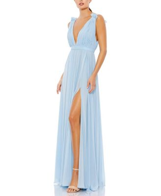 Petite Sleeveless Pleated Chiffon V-Neck Gown