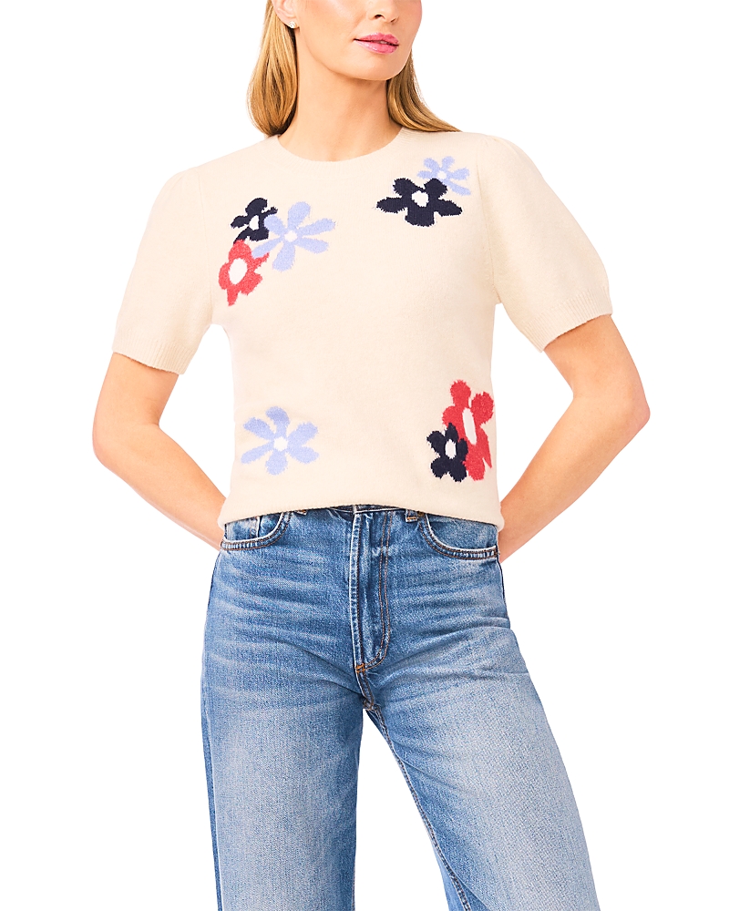 CeCe Groovy Flower Short Sleeve Pullover Sweater