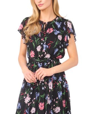 Ruffle Short Sleeve Keyhole Tie Waist Dress