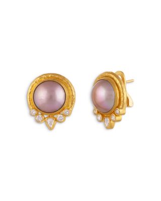 24K Yellow Gold Muse Mabe Cultured Pearl & Diamond Earrings
