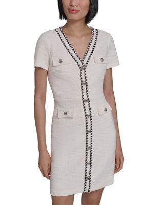 Beaded Trim Knit Tweed Sheath Dress