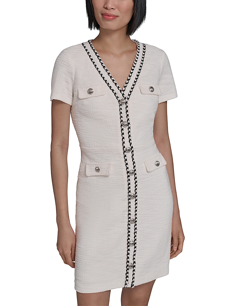 Karl Lagerfeld Paris Beaded Trim Knit Tweed Sheath Dress