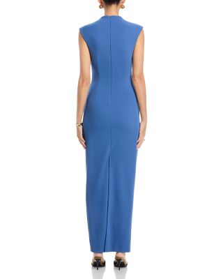 Long Scuba Crepe Ruched Mock Neck Dress 