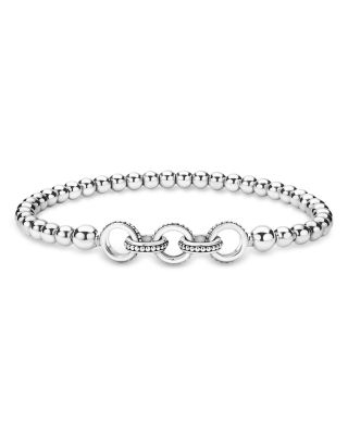 Sterling Silver Signature Caviar Interlocking Rings Beaded Stretch Bracelet