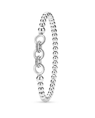 Sterling Silver Signature Caviar Interlocking Rings Beaded Stretch Bracelet