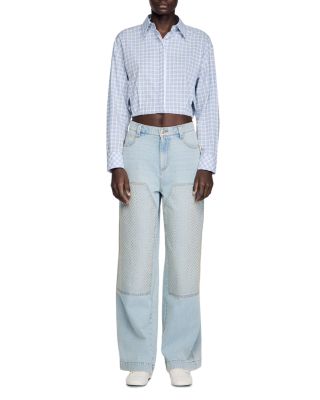 Landon High Rise Straight Leg Crystal Patch Jeans in Light Blue Jean