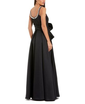  Petite Satin Gown With Pearl Neckline and Bow Detail