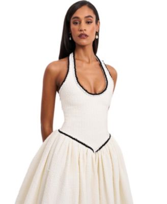  Natalie U Neck Halter Drop Waist Tweed Midi Dress