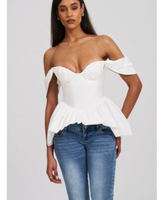  Qistina Off-Shoulder Bubble Hem Peplum Cotton Top