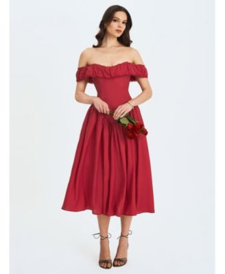  Xavy Drop Waist Off-Shoulder Corset Midi Dress