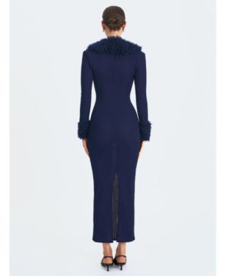  Romina Plunging Faux Fur Trimmed Crochet Maxi Dress