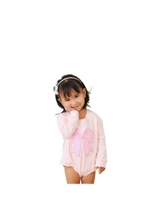 Girls' Pink Bow Sequin Patch Long Sleeve Romper - Baby