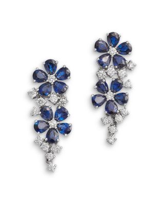 Blue Sapphire & Diamond Flower Cluster Drop Earrings in 14K White Gold