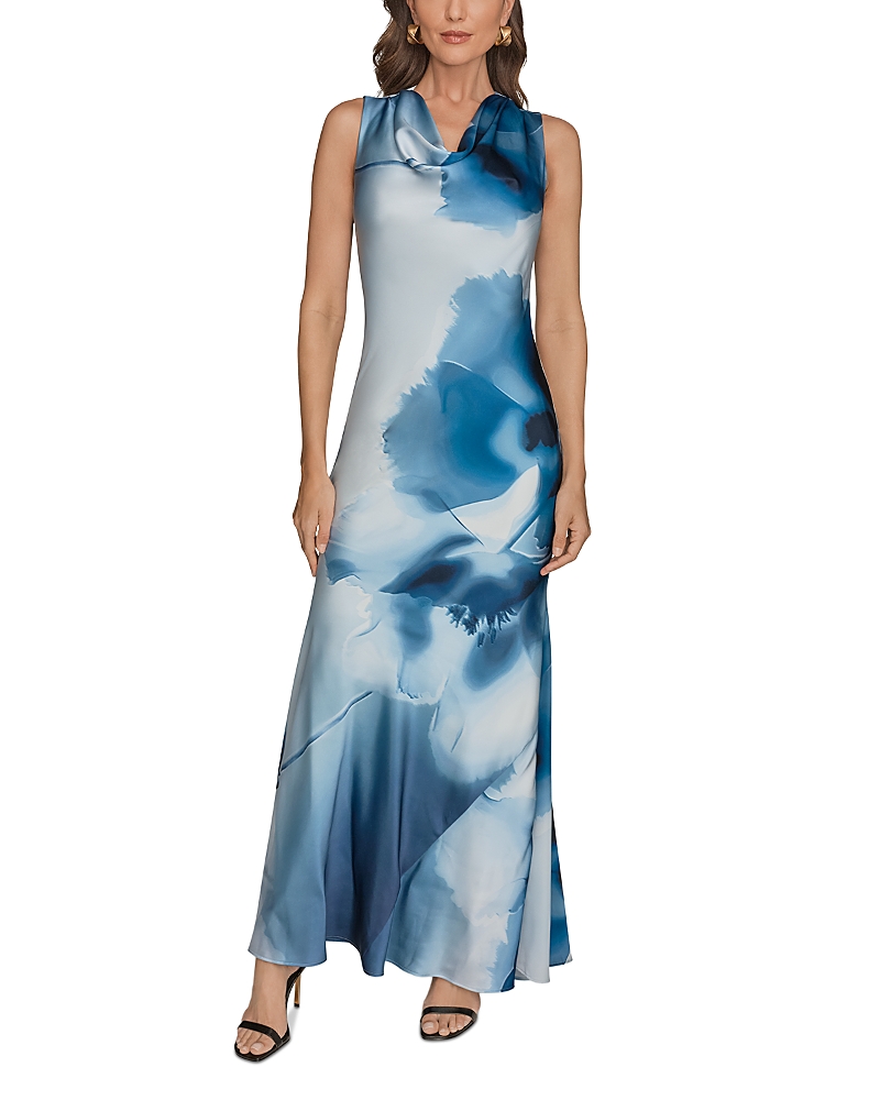 Donna Karan Printed Charmeuse Cowl Neck Gown