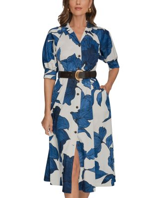 Printed Elbow Sleeve Belted Shirt Dress