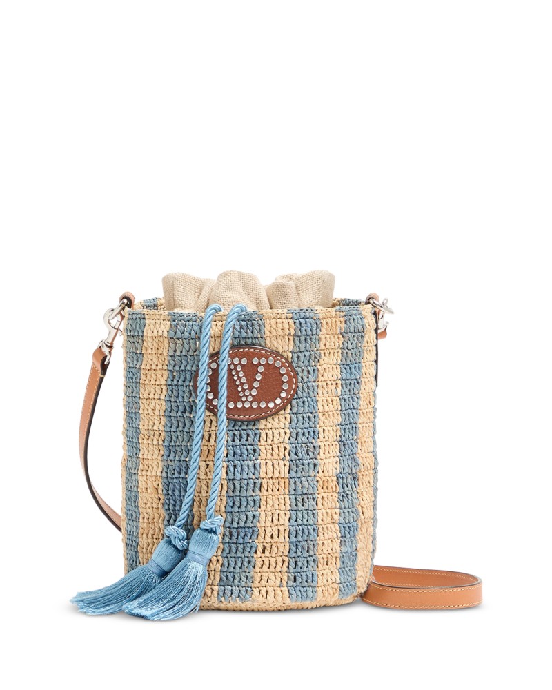 Valentino Garavani Small Striped Straw Bucket Bag in Natural/Blue