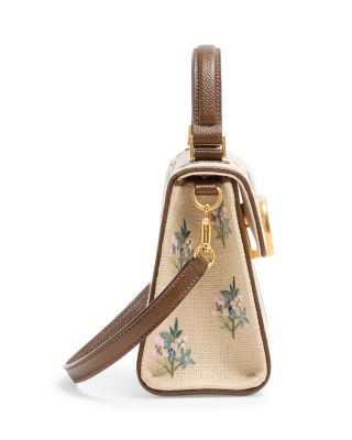 Small VLogo Floral Embroidered Linen Handbag