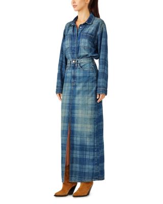 Charlotte Oversized Denim Shirt in Tartan Medium Indigo