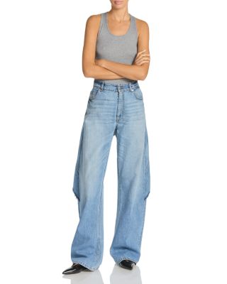 Mid Waist Relaxed Curve Deconstructed Jeans in Mid Blue