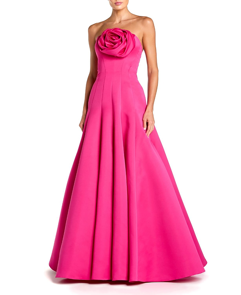 Mac Duggal Satin Strapless Ballgown with 3D Flower Detail