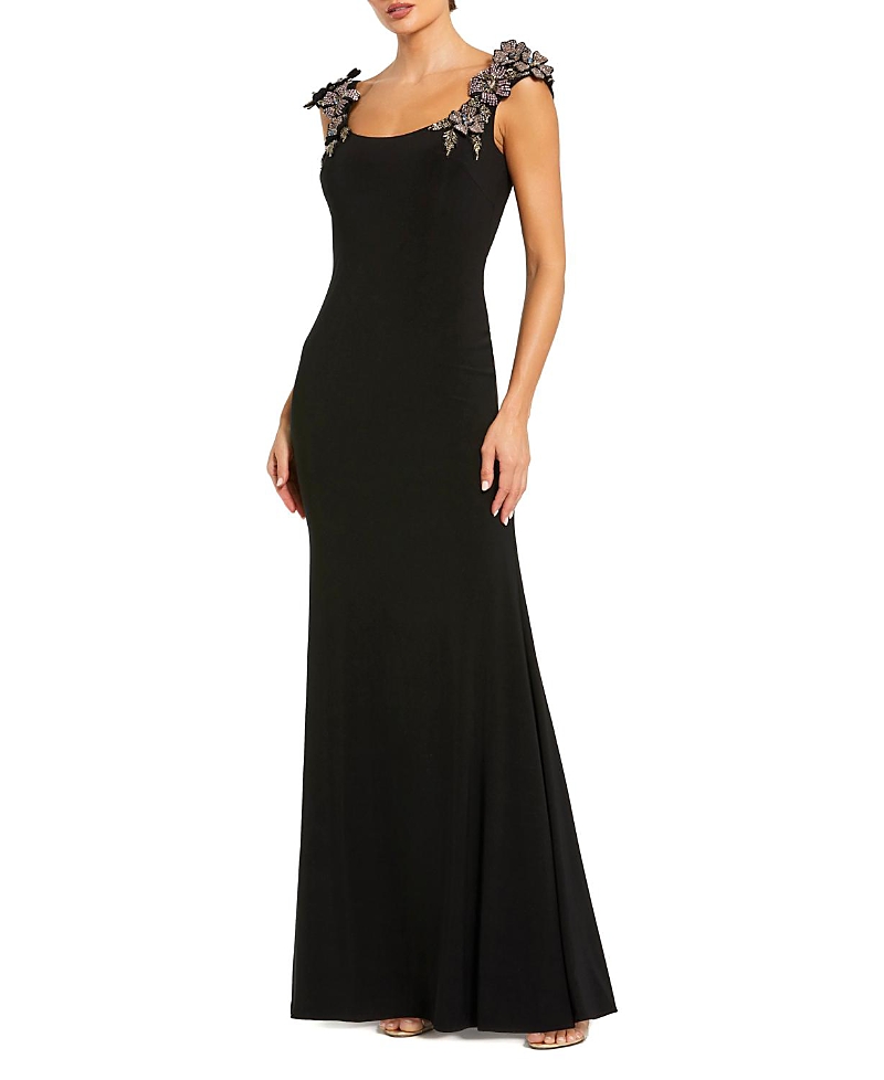Mac Duggal Jersey Scoop Neck Gown with 3D Flower Details