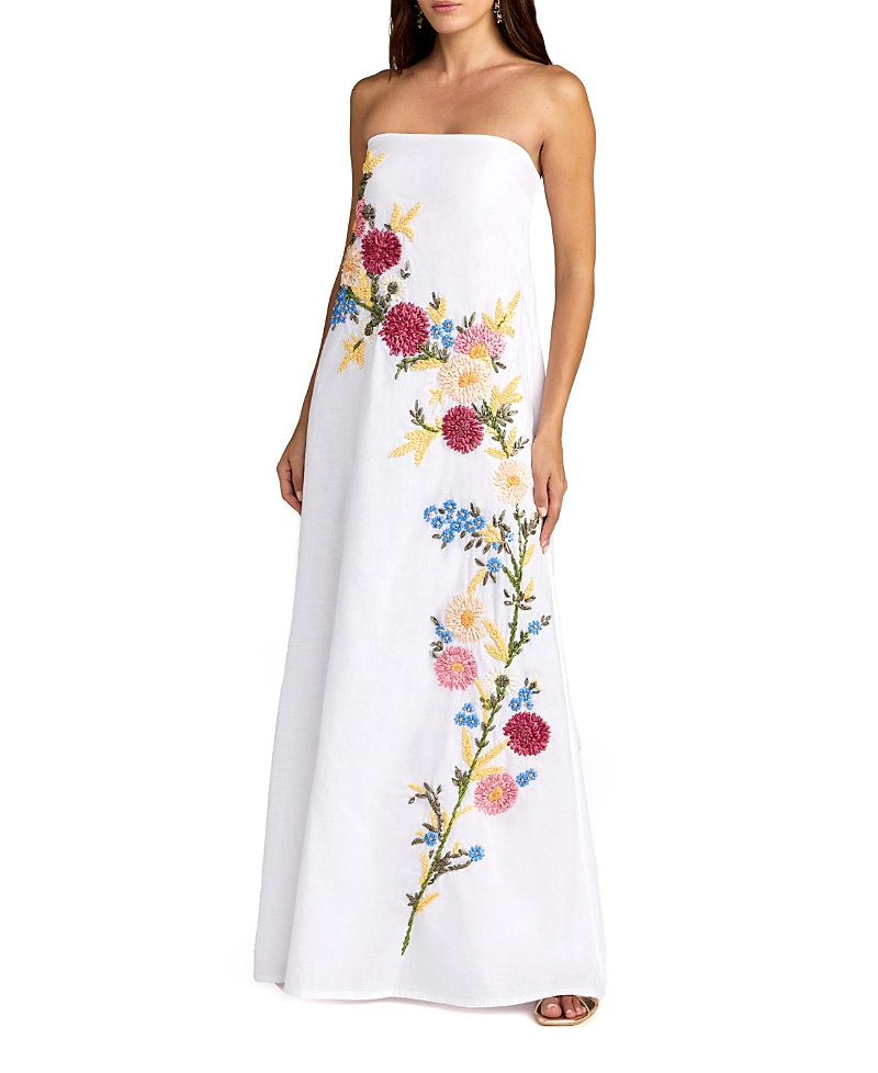 Mac Duggal Strapless Floral Embroidered Linen Gown