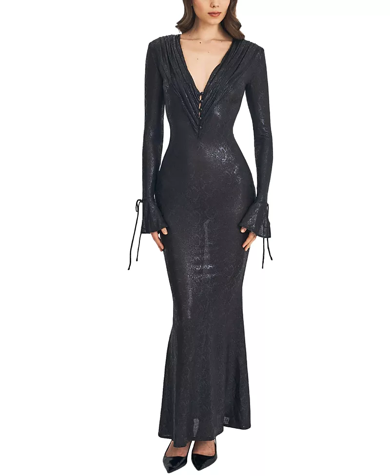 Miss Circle Ilysia V-Neck Plunge Snakeskin Mermaid Hem Maxi Dress
