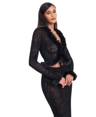  Hali Burnout Velvet Stretch Mesh Faux Fur Trim Top