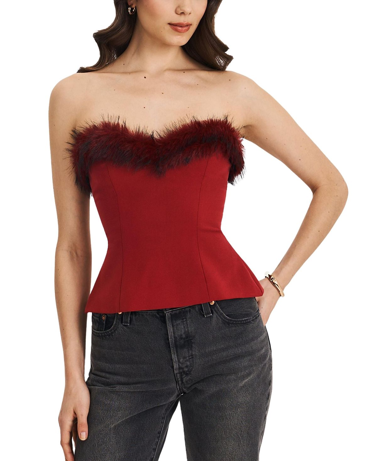Miss Circle Ivette Faux Fur-Trimmed Peplum Top