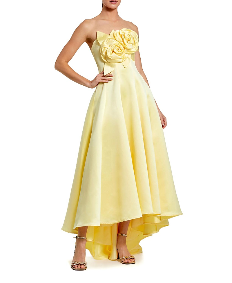 Mac Duggal Strapless Satin High Low Gown with 3D Flowers