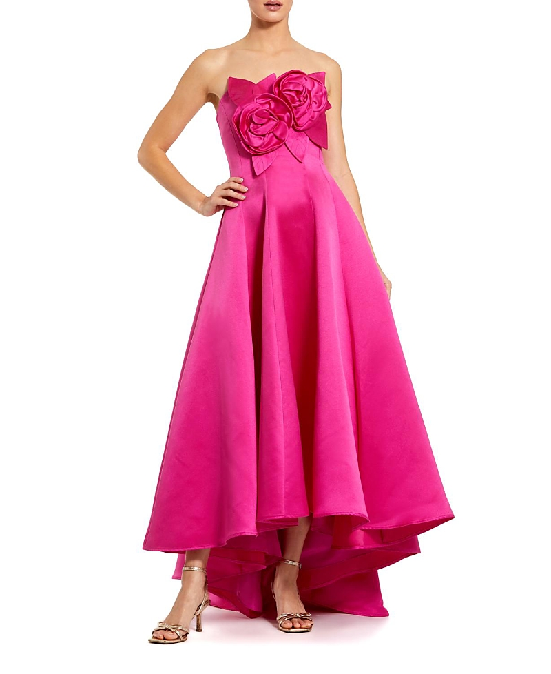 Mac Duggal Strapless Satin High Low Gown with 3D Flowers