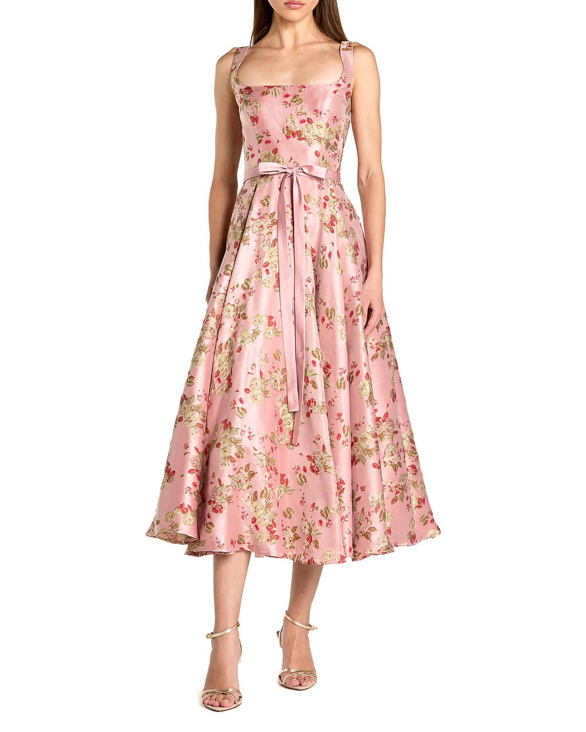 Mac Duggal Petite Pink Floral Brocade Square-Neck Midi Dress