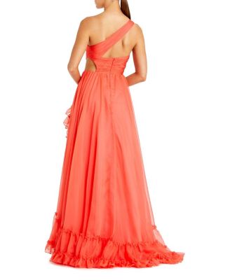  One Shoulder Asymmetrical Ruffle Gown