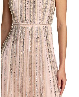  Scoop Neck A-Line Gown with Striped Beading