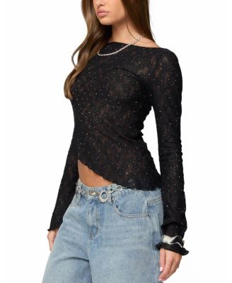 Mare Asymmetric Gem Sheer Lace Top