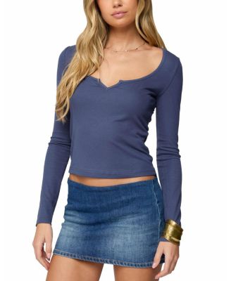 Notch Scoop Neck Long Sleeve Top