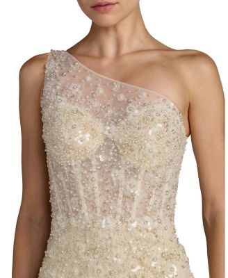Sequin Floral Sheer One Shoulder A Line Gown
