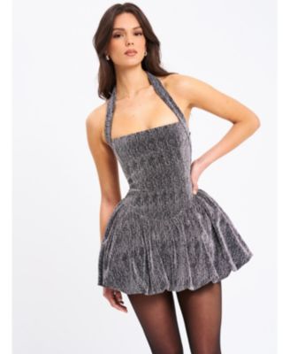  Naomie Crystal Embellished Bubble Hem Halter Mini Dress