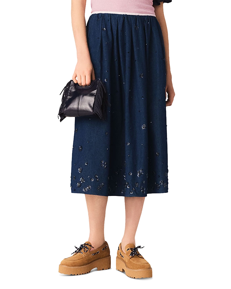 Maje Embroidered Denim Midi Skirt
