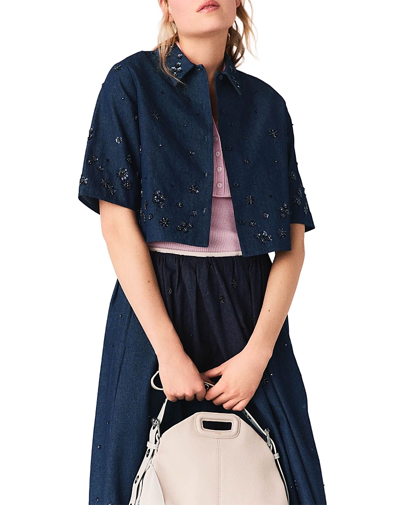 Maje Embroidered Cropped Denim Shirt