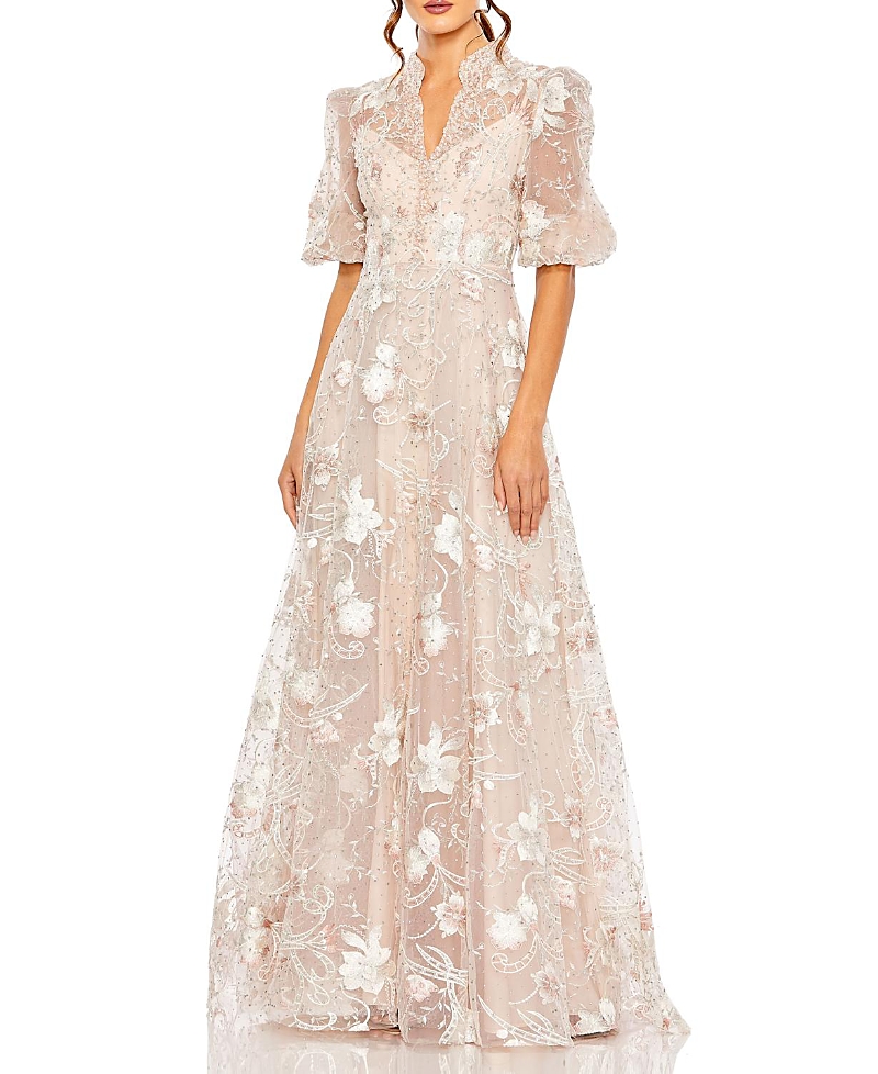 Mac Duggal Petite Pink Queen Anne Puff Sleeve A-Line Gown