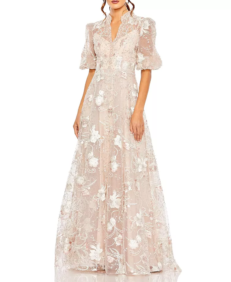 Mac Duggal Petite Pink Queen Anne Puff Sleeve A-Line Gown