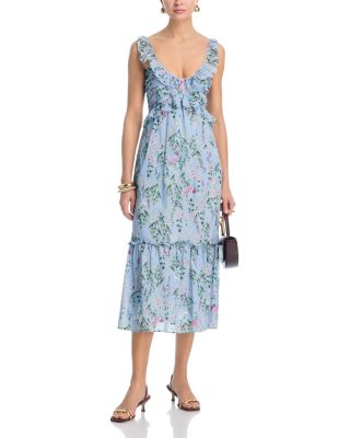 Flower Bouquet Ruffle V Neck Midi Dress - Exclusive