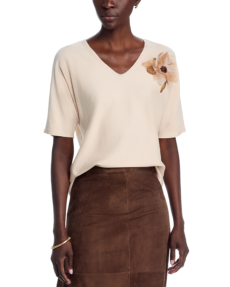 Sioni Short Sleeve V Neck Flower Embellishment Sweater