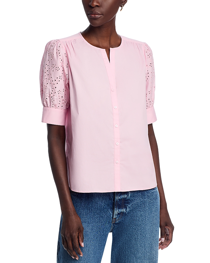 T Tahari Embroidered Eyelet Button Down Blouse