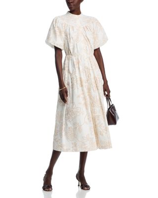 Short Puff Sleeve Button Down Printed Eyelet Midi Dress