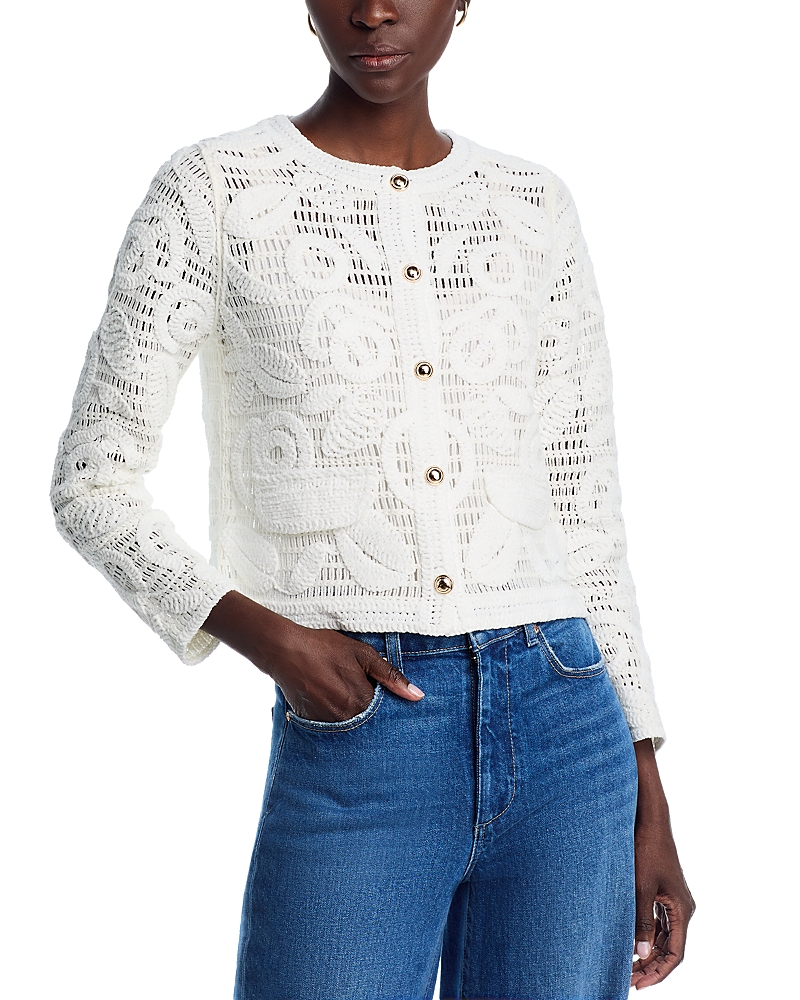 T Tahari Novelty Crochet Button Front Crewneck Cardigan