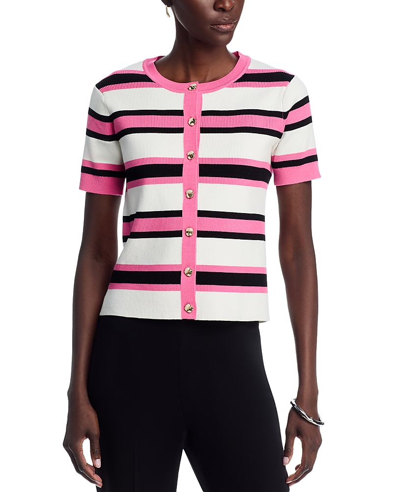 T Tahari Crewneck Rib Striped Button Front Cardigan