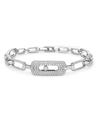 14K White Gold Move Link Diamond Gourmette Bracelet