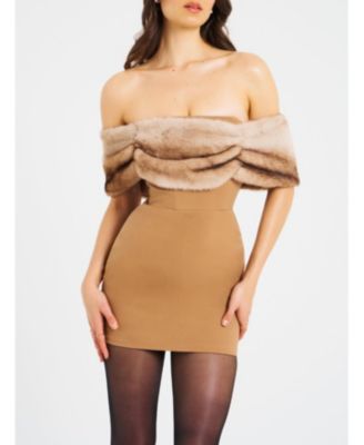  Nadira Off Shoulder Faux Fur Trim Mini Dress